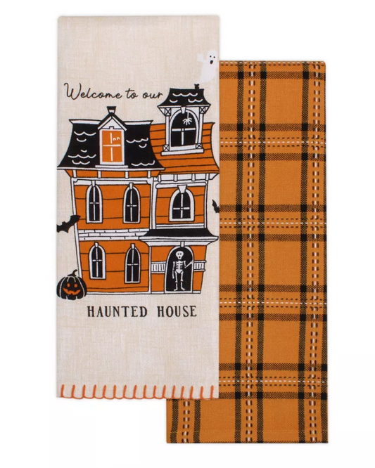 2pk Halloween Haunted House Printed and Plaid Dish Kitchen Towel - Bullseye's Playground™