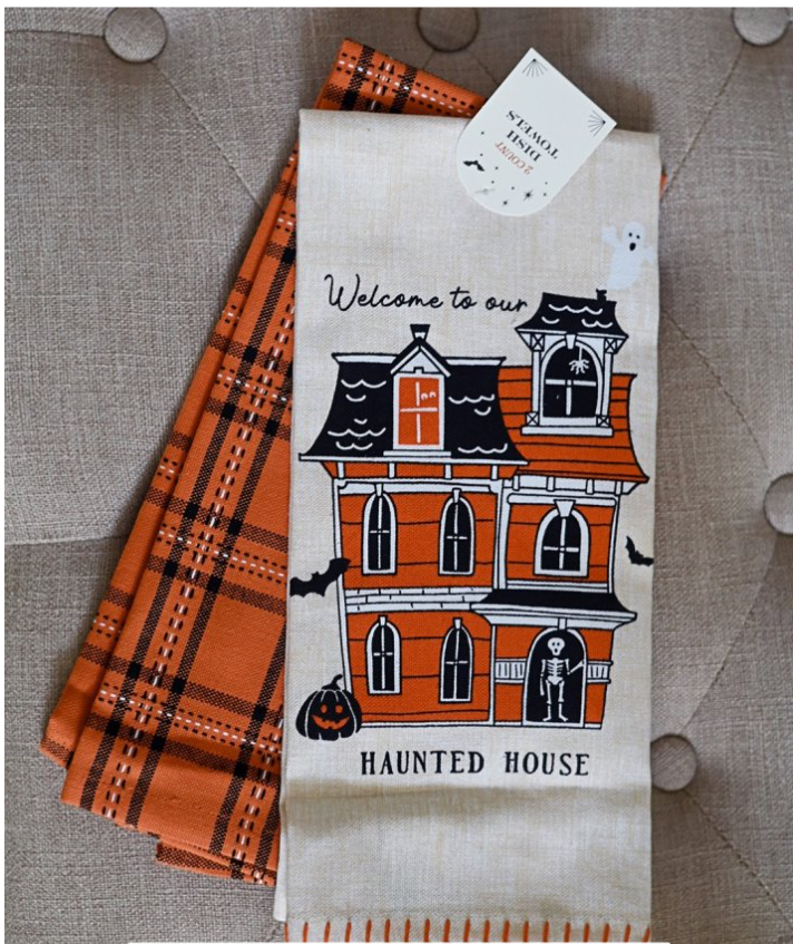 2pk Halloween Haunted House Printed and Plaid Dish Kitchen Towel - Bullseye's Playground™
