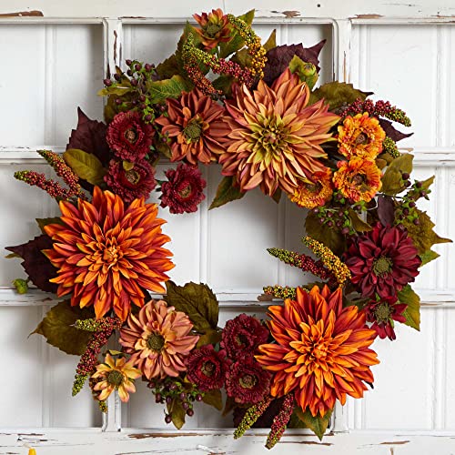 Nearly Natural 22in. Dahlia & Mum Wreath