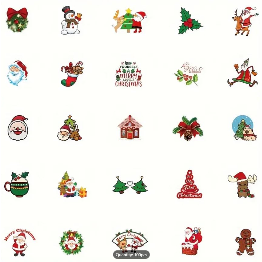 100pcs Festive Christmas Stickers - Cartoon Santa, Animals & Tree Designs for Laptops, Scrapbooks & Fridge Decor | Matte Finish, Self-Adhesive PVC
