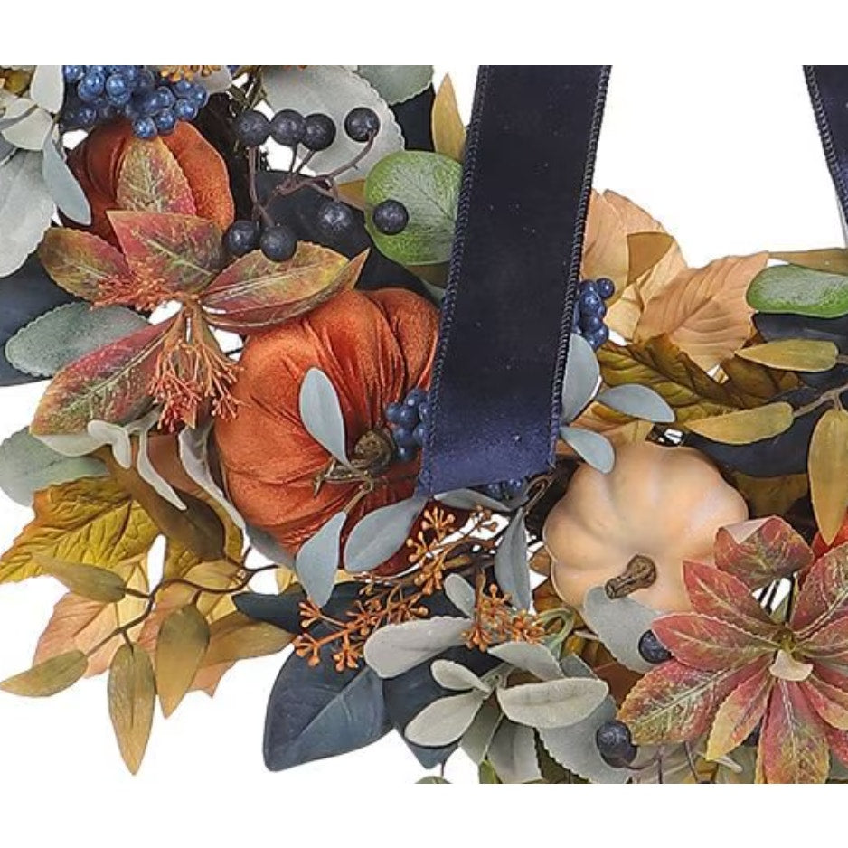 Member's Mark 30" Blue Harvest Wreath with Velvet Bow, Soft Pumpkins - Luxurious