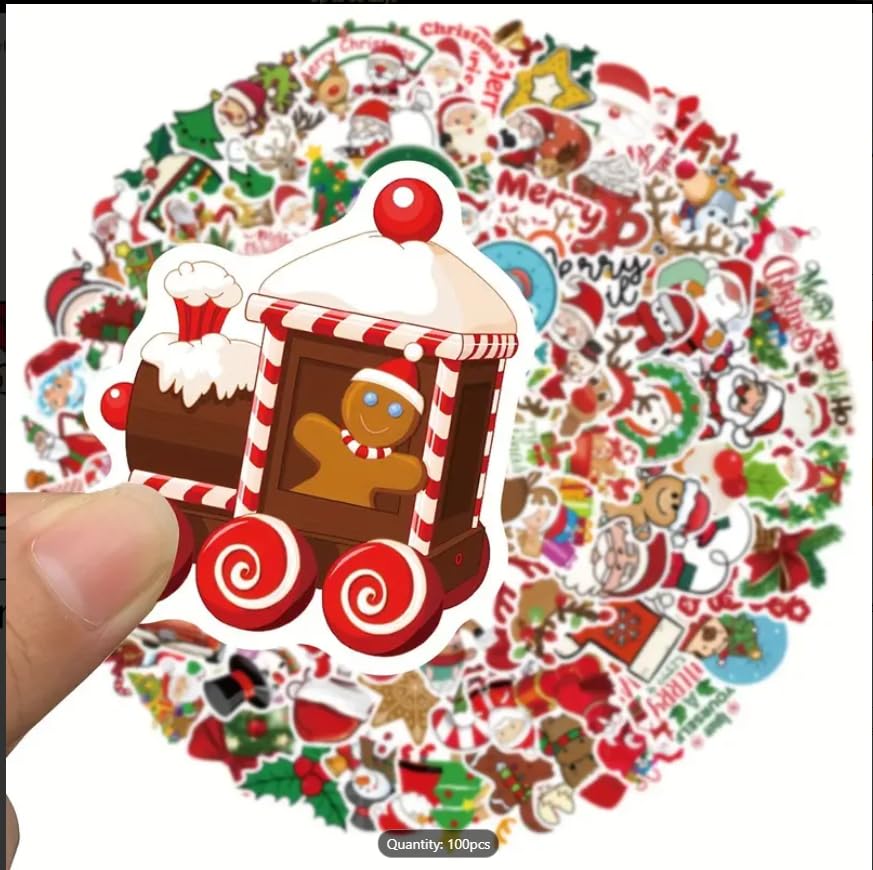 100pcs Festive Christmas Stickers - Cartoon Santa, Animals & Tree Designs for Laptops, Scrapbooks & Fridge Decor | Matte Finish, Self-Adhesive PVC