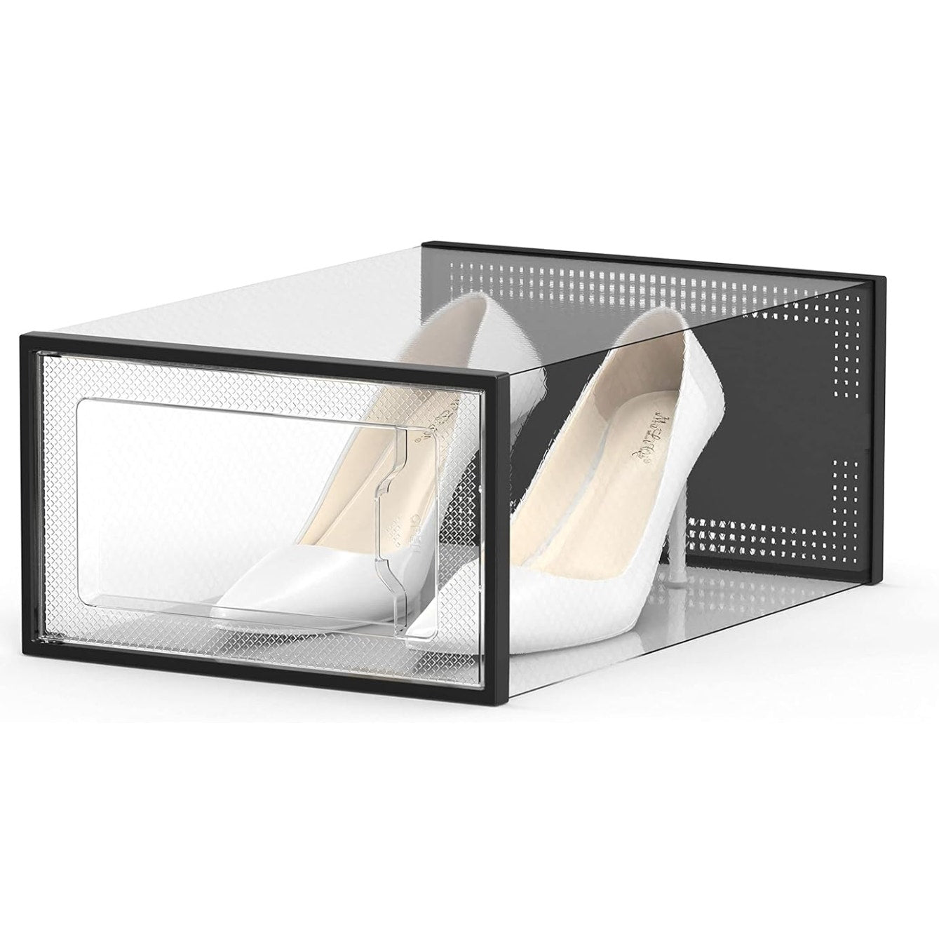 12 Pack Shoe Storage Box, Clear/Black Plastic Stackable Interlocking Bins MED