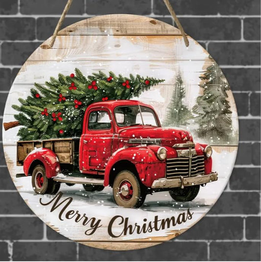 Merry Christmas Welcome Sign - 7.9"X7.9" Wooden Truck Design For Front Door, Farmhouse Porch Decor, Room Aesthetics & Home Wall Art
