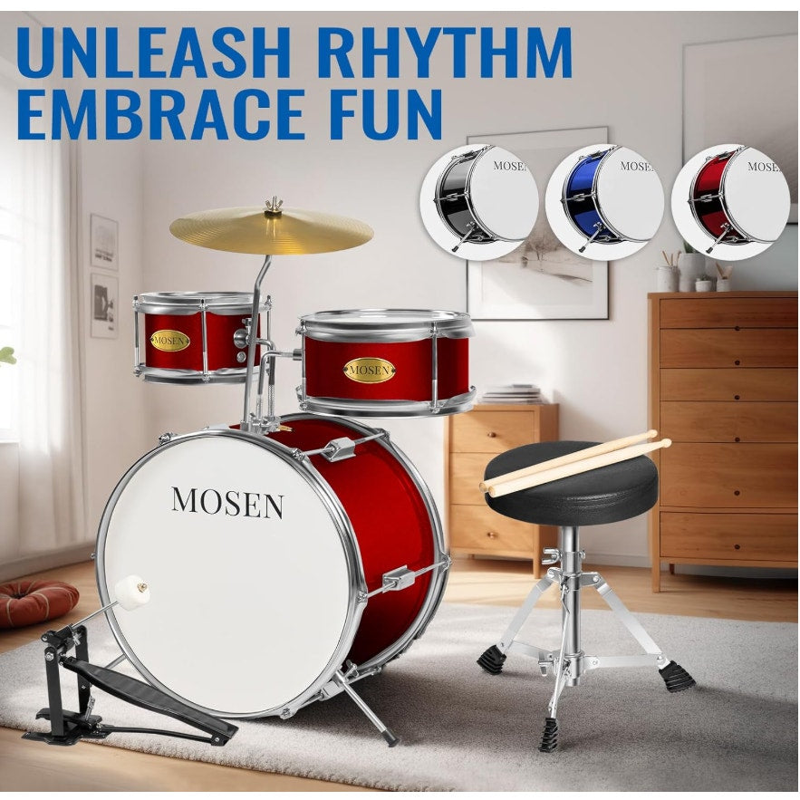 MOSEN Drum Set 3-Piece Beginner Drum Set Junior Drum Kit with Adjustable Throne