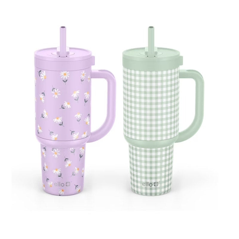 Ello Oasis 30oz Stainless Steel Tumbler, 100% Leakproof, 2-Pack Daisy, Gingham
