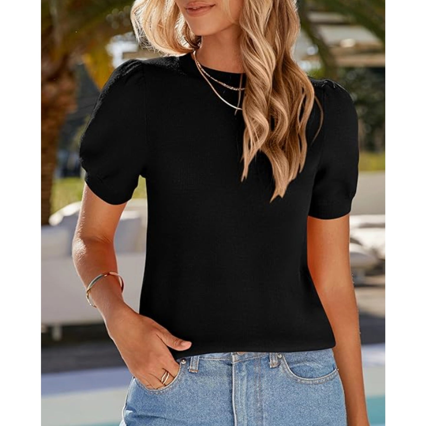 PRETTYGARDEN Womens Spring 2025 Summer Shirts Cap Sleeve Sweater Black XXL