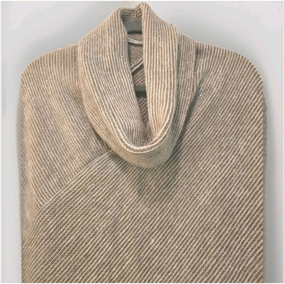 Chicos Women's Poncho One Size Cowl Neck Knit Stripe Fringe Cozy Tan White Gold