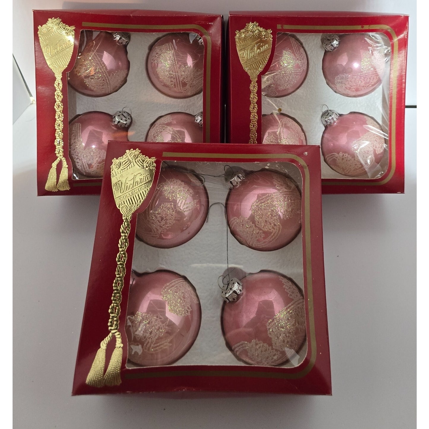 Victoria Collection Pink Glass Glitter Ornaments 3 Boxes (4 each) Original Box