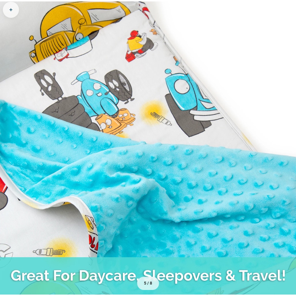 JumpOff Jo Plush Minky Toddler Nap Mat w/ Pillow - Jo’s Garage 43” x 20”