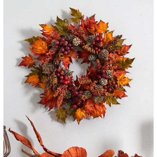 Nearly Natural 24in. Maple and Berry Artificial Fall Thanksgiving Wreath
