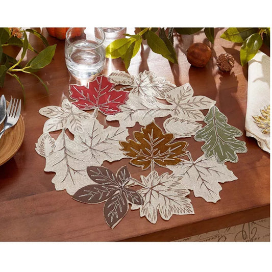 Elrene Harvest at Home Happy Fall Leaves Cutwork Fabric Round Placemat -Set of 4