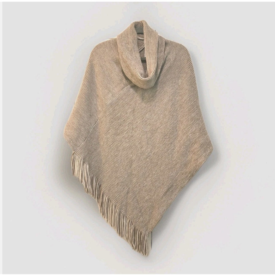 Chicos Women's Poncho One Size Cowl Neck Knit Stripe Fringe Cozy Tan White Gold