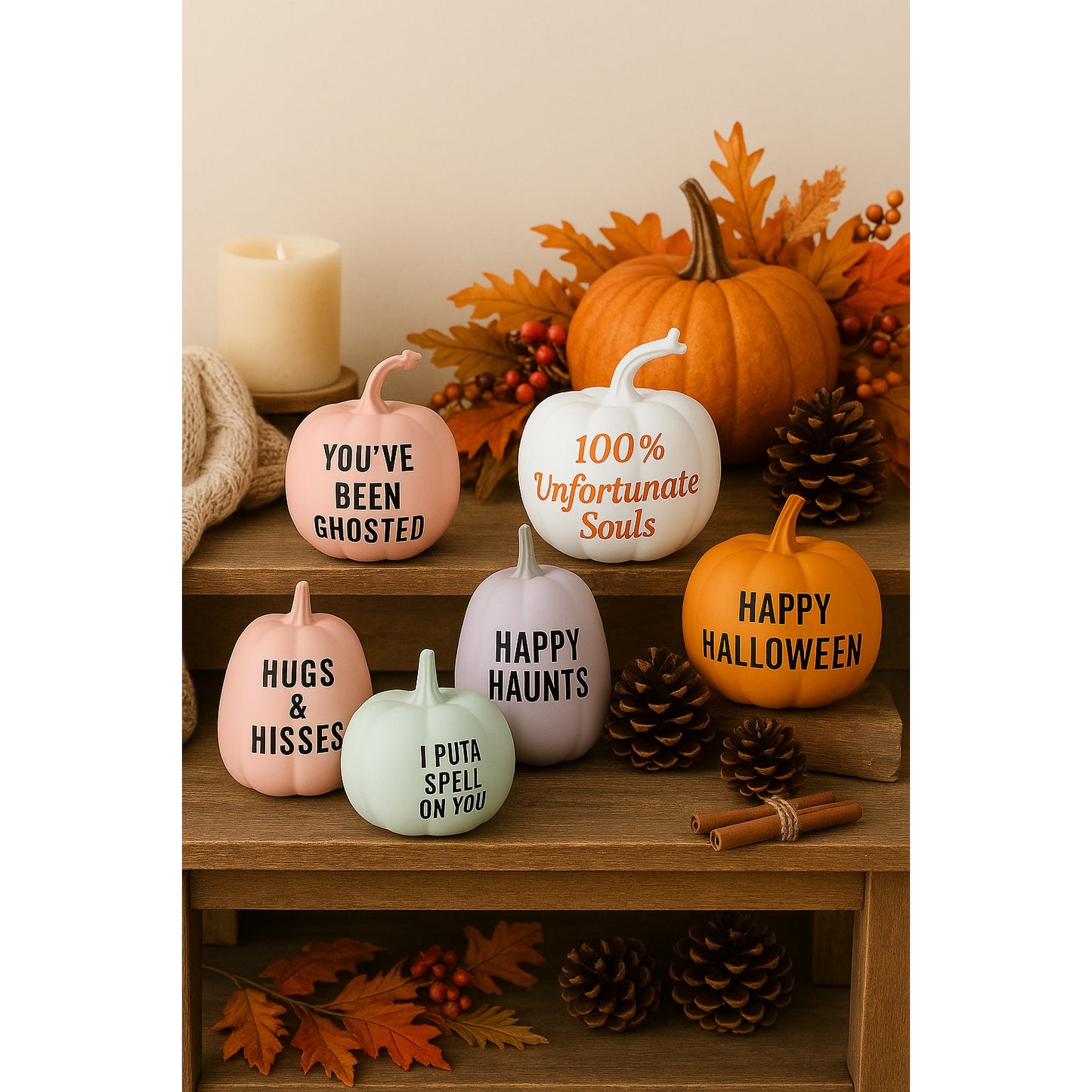 Set of 7 Decorative Halloween Pumpkins – Pastel & Classic Designs - Fun Sayings