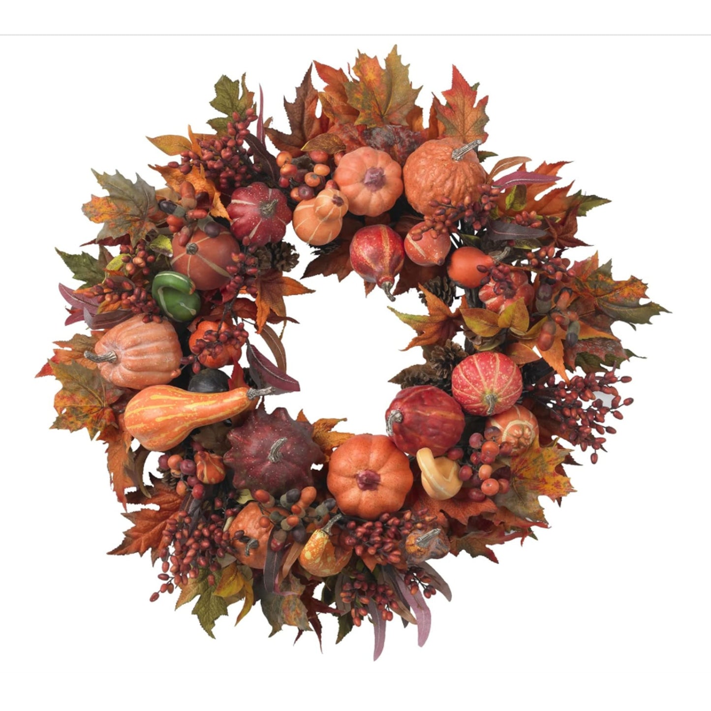 Nearly Natural 28-in Harvest Wreath Artificial Pumpkins Gourds Fall Leaves