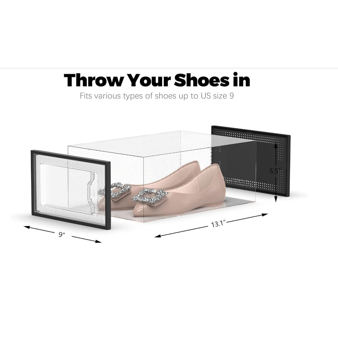 12 Pack Shoe Storage Box, Clear/Black Plastic Stackable Interlocking Bins MED