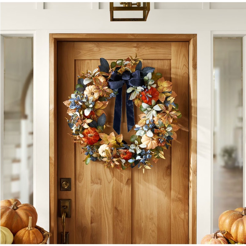 Member's Mark 30" Blue Harvest Wreath with Velvet Bow, Soft Pumpkins - Luxurious