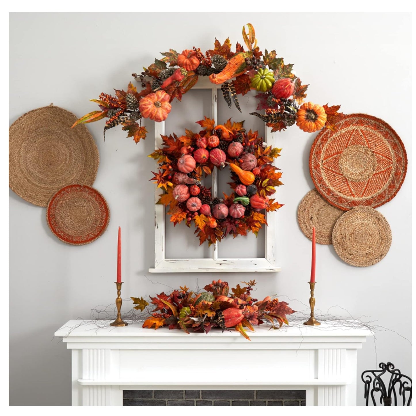 Nearly Natural 28-in Harvest Wreath Artificial Pumpkins Gourds Fall Leaves