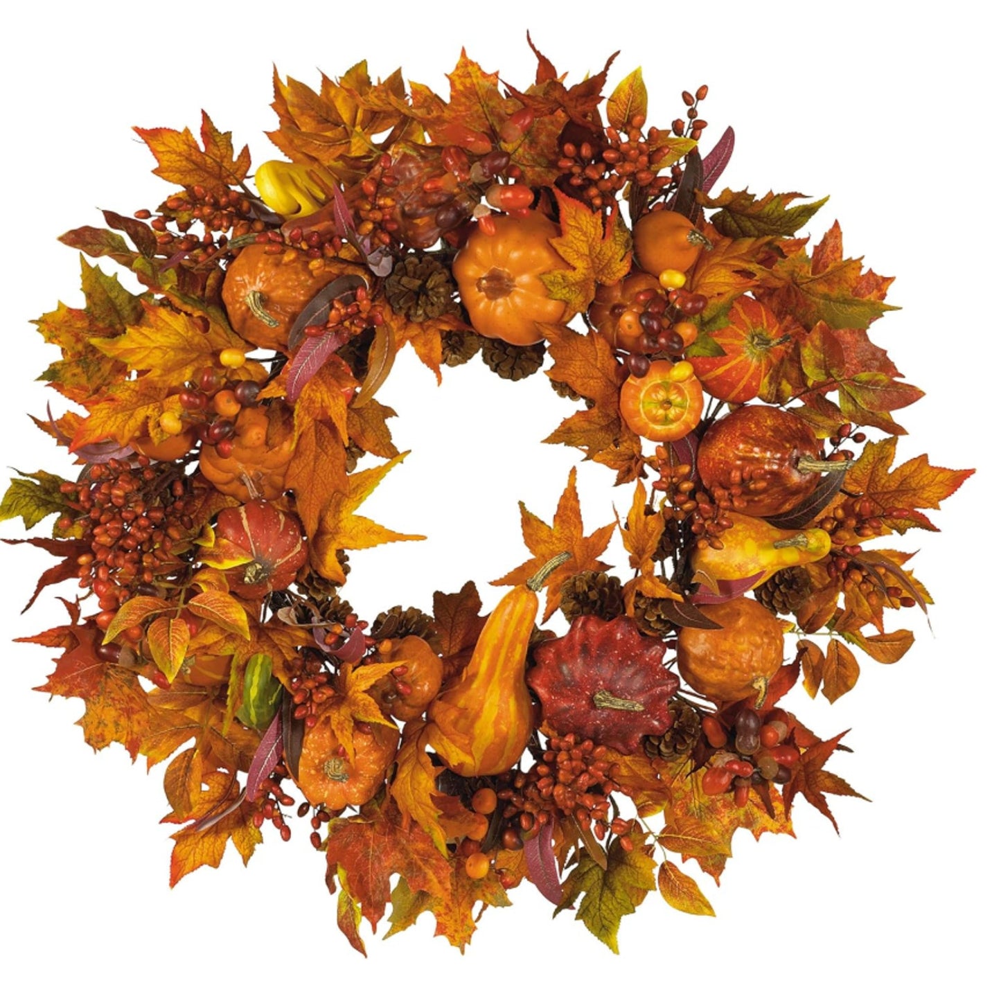 Nearly Natural 28-in Harvest Wreath Artificial Pumpkins Gourds Fall Leaves