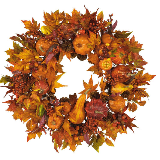 Nearly Natural 28-in Harvest Wreath Artificial Pumpkins Gourds Fall Leaves