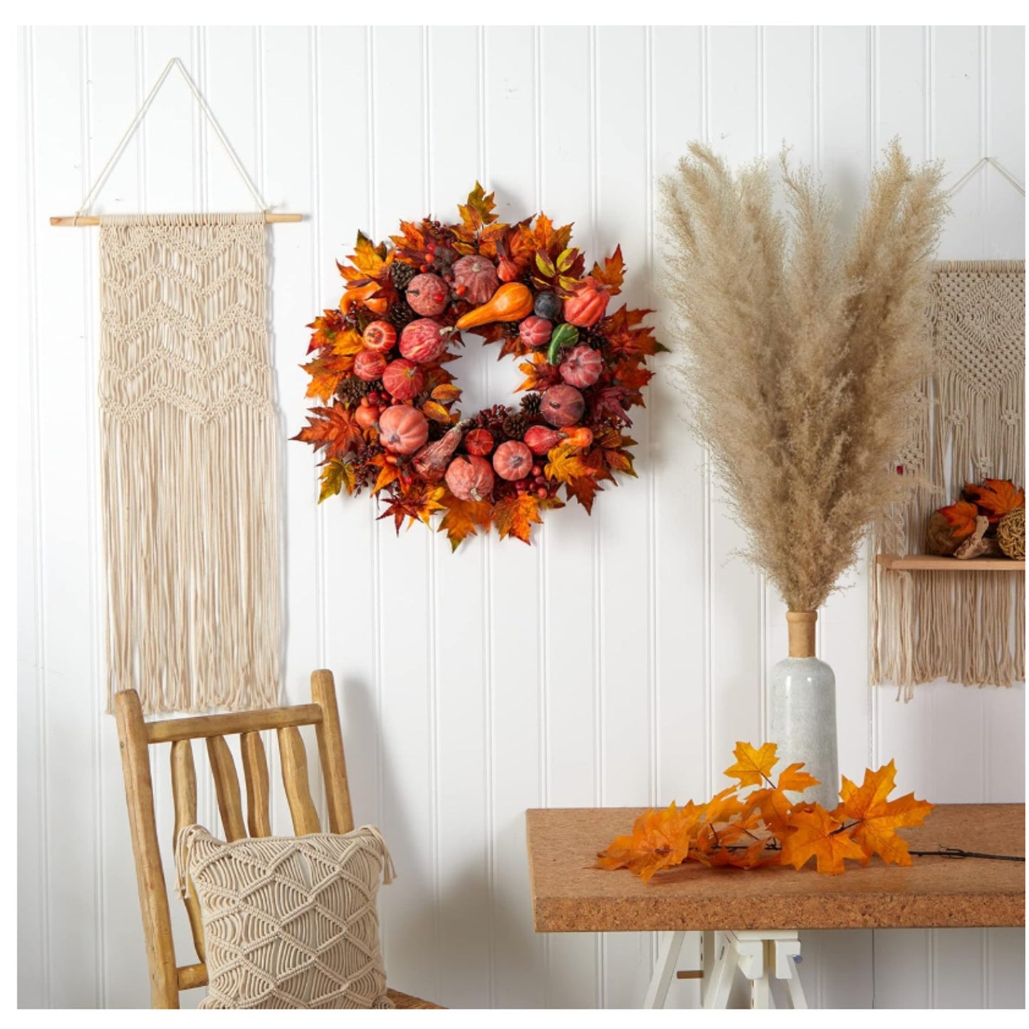 Nearly Natural 28-in Harvest Wreath Artificial Pumpkins Gourds Fall Leaves