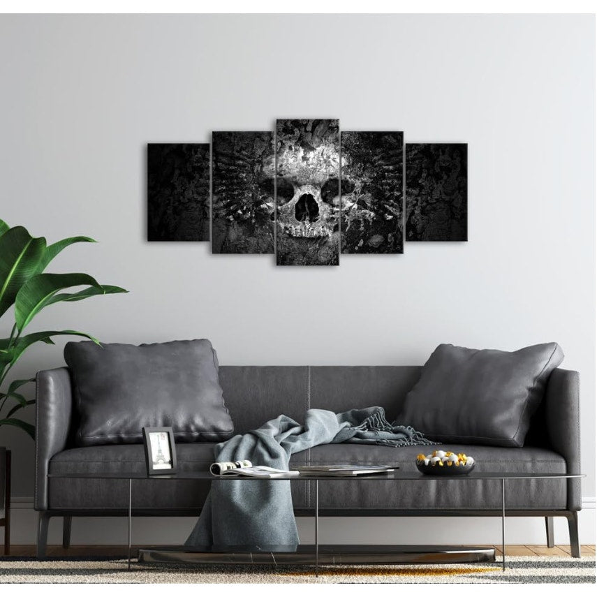 5-Piece Skull Canvas Wall Art – Dark Gothic Black and White Skull Painting for Living Room, Bedroom