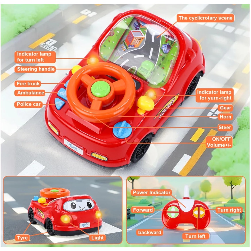 2-in-1 Toddler RC Racing Car Steering Wheel Toy, Simulated Learning Game 18+ Mos