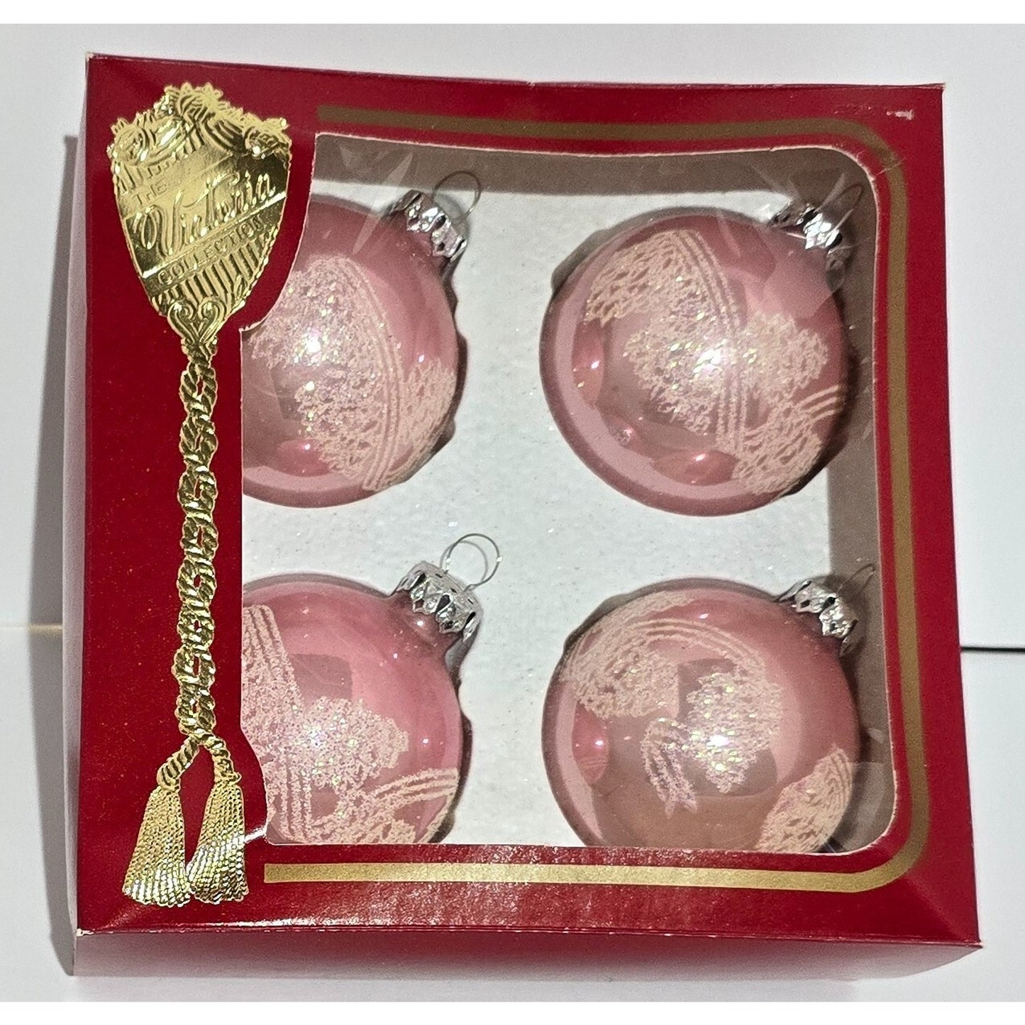 Victoria Collection Pink Glass Glitter Ornaments 3 Boxes (4 each) Original Box