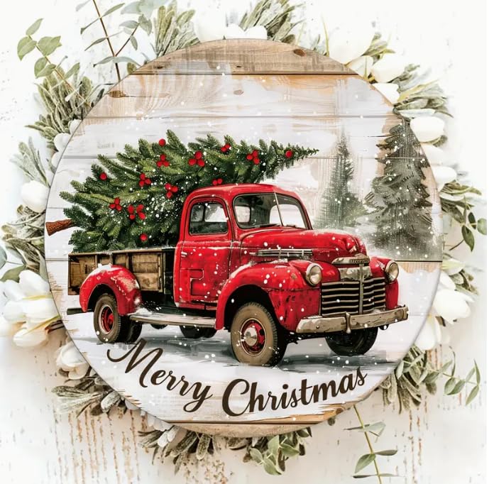 Merry Christmas Welcome Sign - 7.9"X7.9" Wooden Truck Design For Front Door, Farmhouse Porch Decor, Room Aesthetics & Home Wall Art
