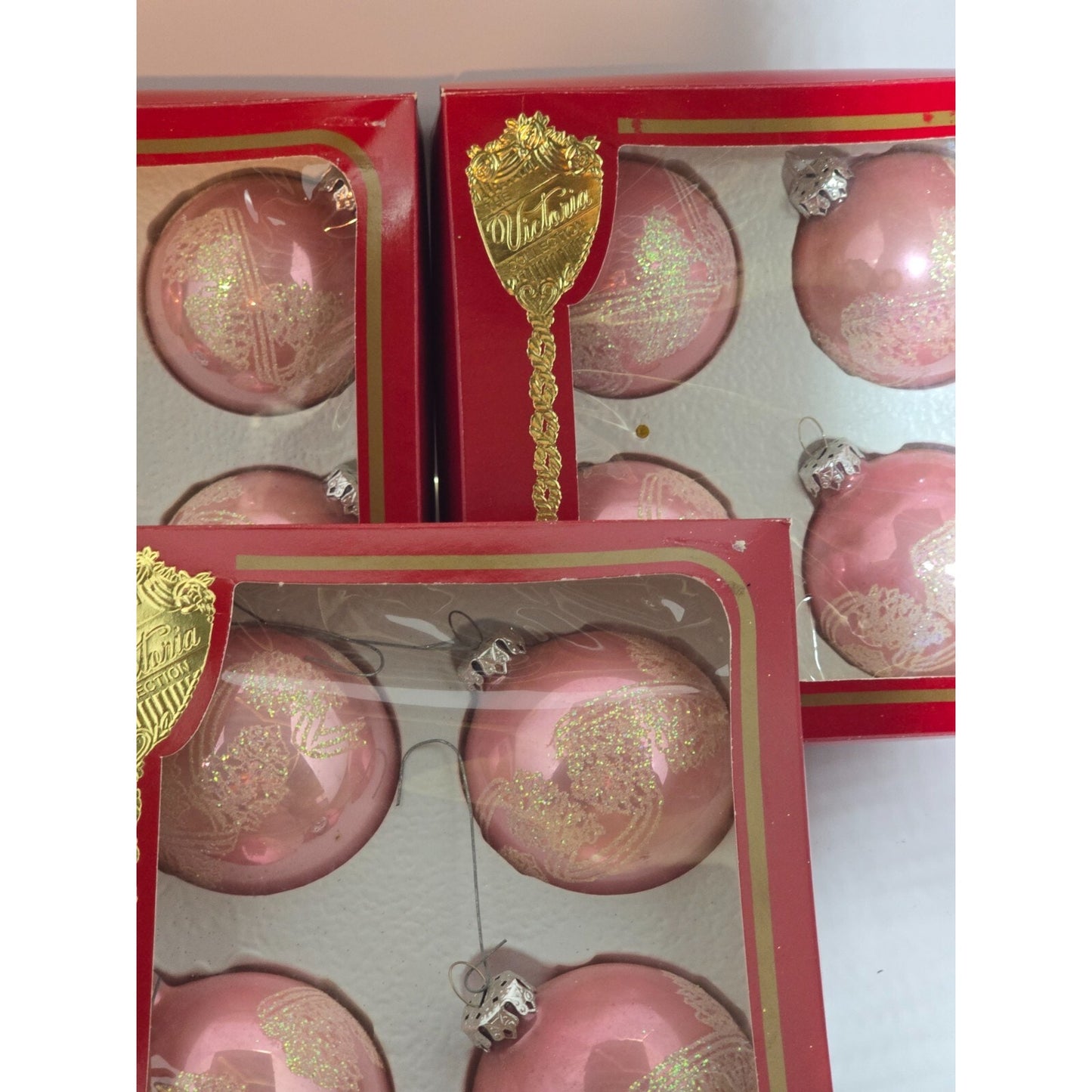 Victoria Collection Pink Glass Glitter Ornaments 3 Boxes (4 each) Original Box