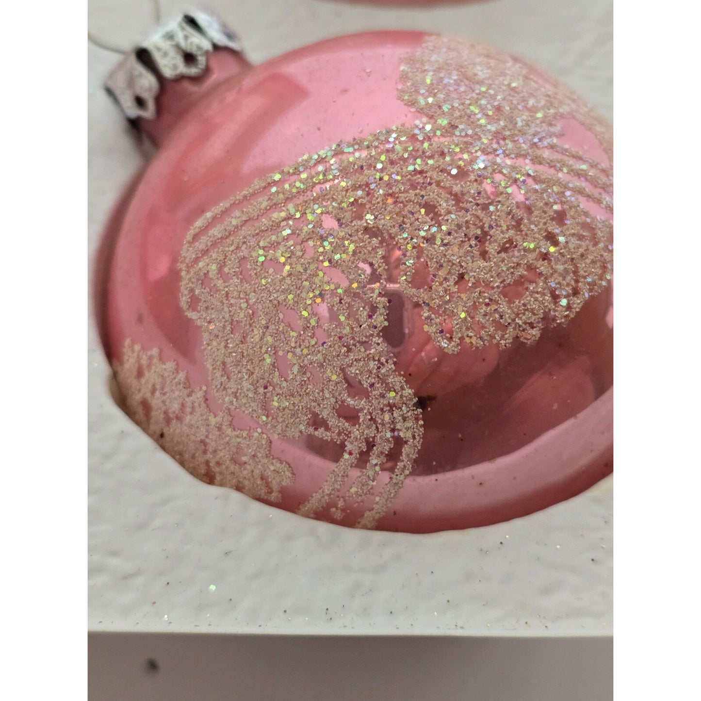 Victoria Collection Pink Glass Glitter Ornaments 3 Boxes (4 each) Original Box