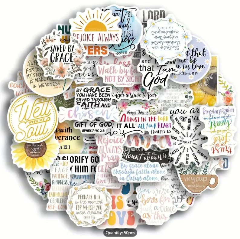 50 Pcs Inspirational Bible Verse Stickers - Vinyl Religious & Christian Motivational Quotes, Reusable, Irregular Shapes, Self-Adhesive, for Water Bottles, Skateboards, Laptops, Phones, Journaling