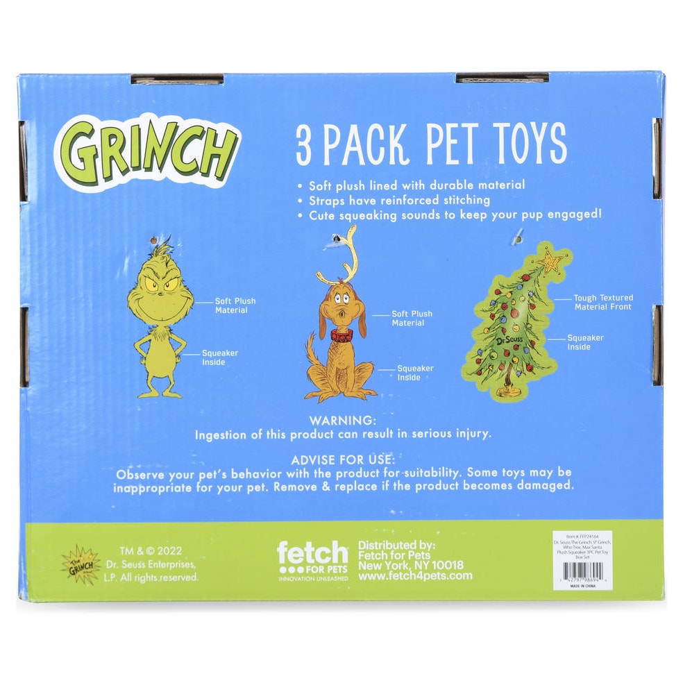 Dr. Suess's The Grinch 3 Piece Plush Dog Toys - Christmas Set for Dogs