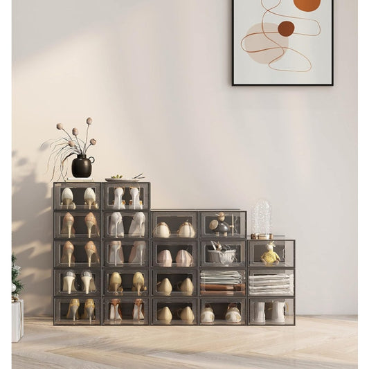 12 Pack Shoe Storage Box, Clear/Black Plastic Stackable Interlocking Bins MED