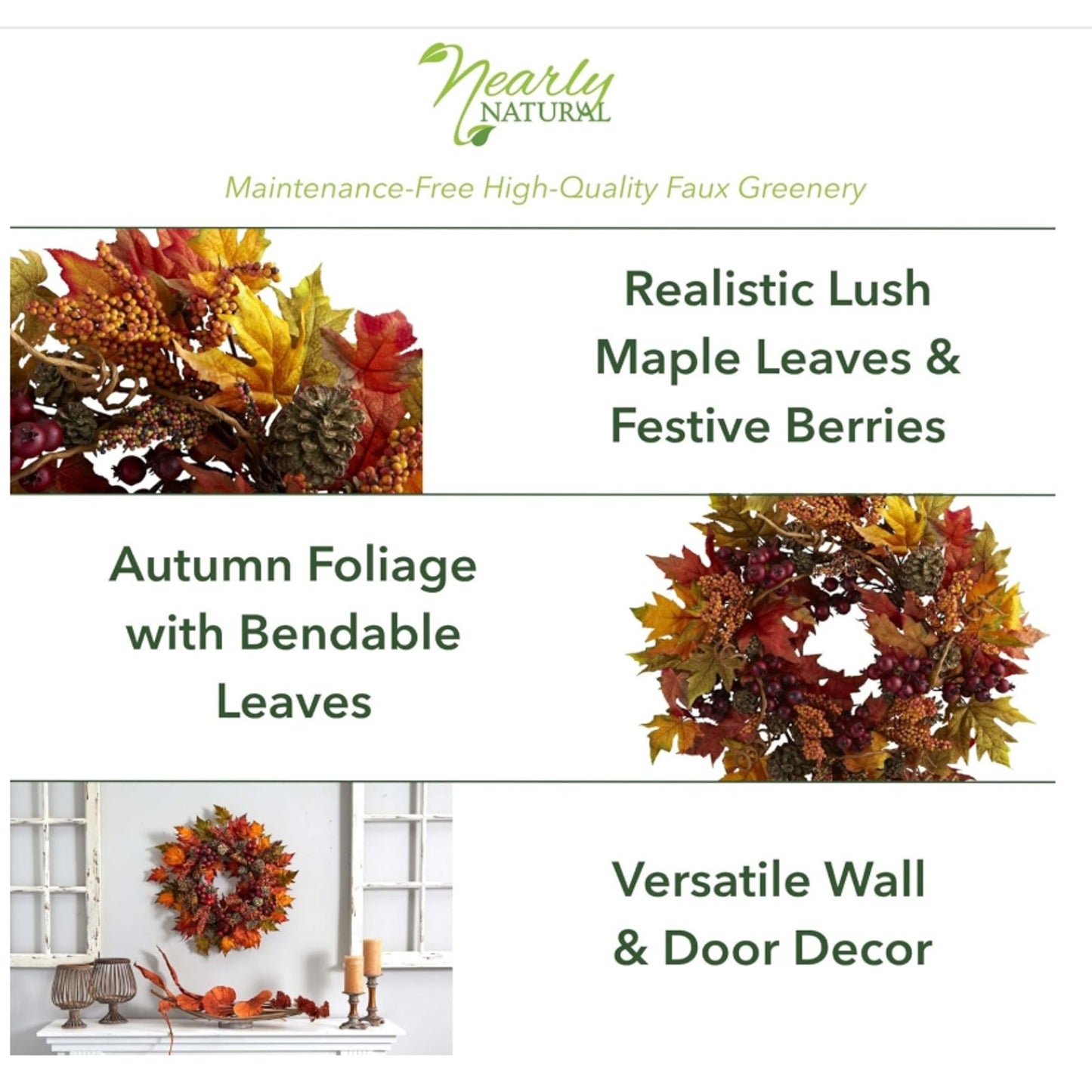 Nearly Natural 24in. Maple and Berry Artificial Fall Thanksgiving Wreath