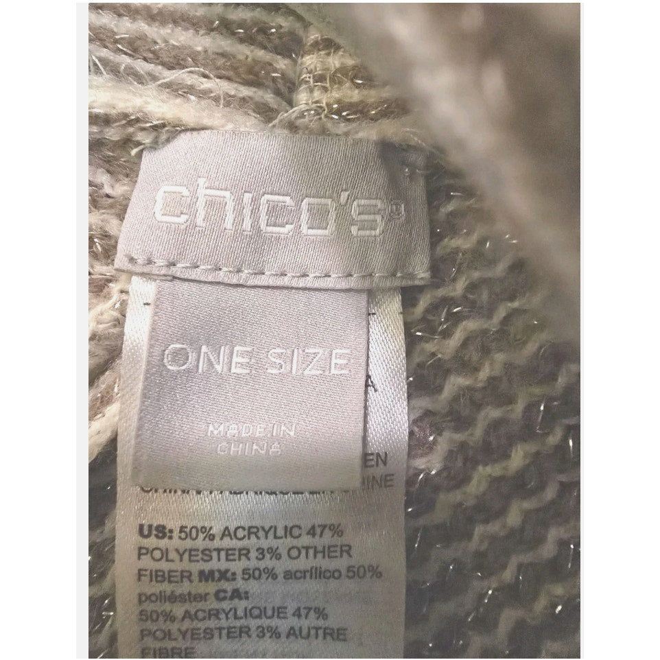 Chicos Women's Poncho One Size Cowl Neck Knit Stripe Fringe Cozy Tan White Gold
