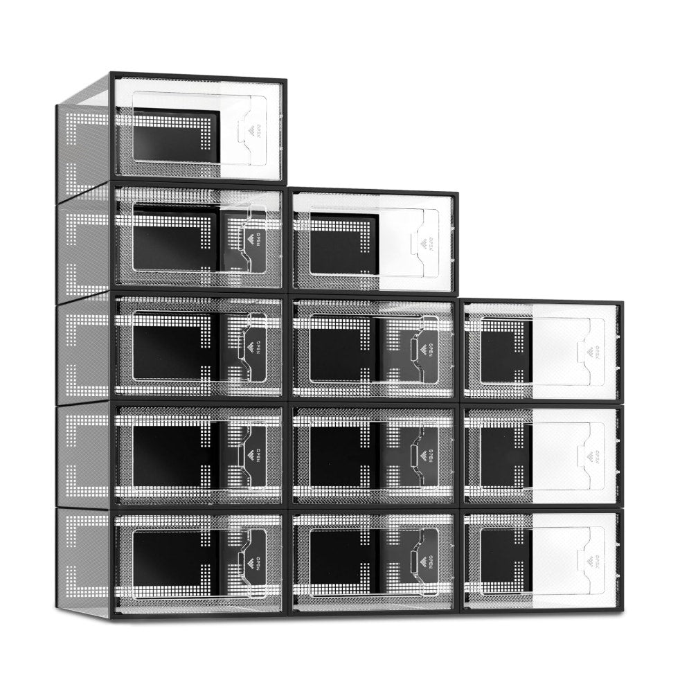 12 Pack Shoe Storage Box, Clear/Black Plastic Stackable Interlocking Bins MED