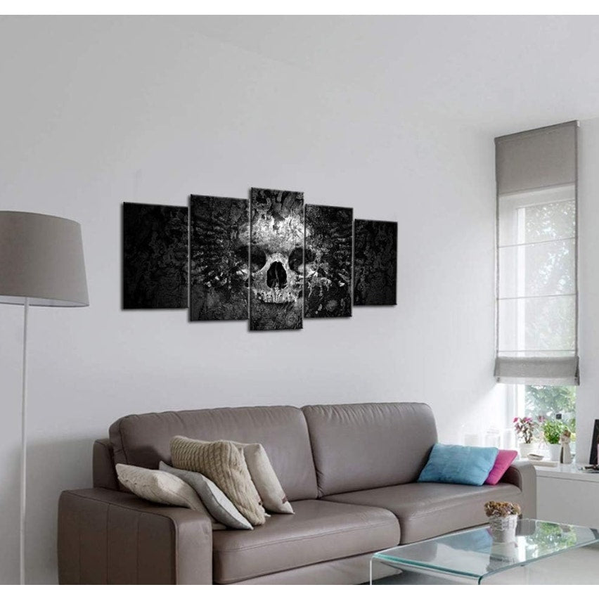 5-Piece Skull Canvas Wall Art – Dark Gothic Black and White Skull Painting for Living Room, Bedroom