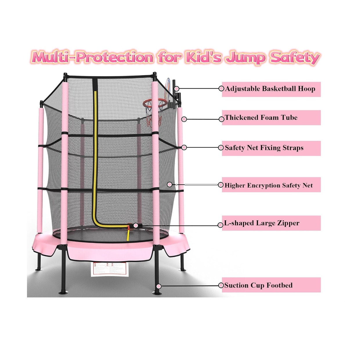 60" Trampoline for Kids with Basketball Hoop, 5ft with Raised Safety Net